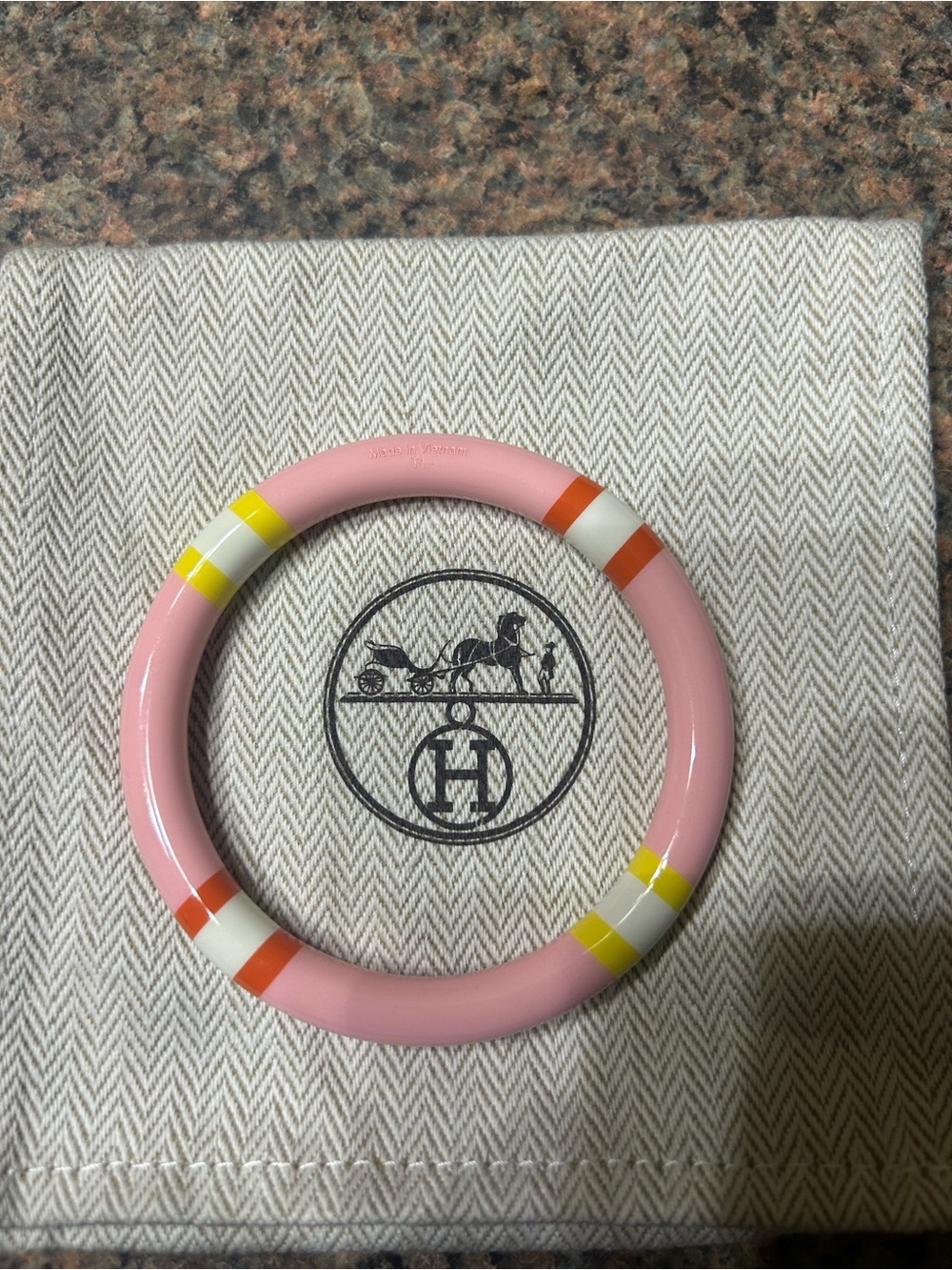 Hermès Pink Lacquered Bangle with Yellow and Orange Stripes (T1) - Picture 5 of 5